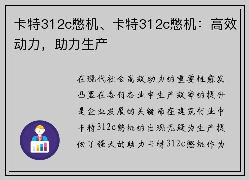 卡特312c憋机、卡特312c憋机：高效动力，助力生产